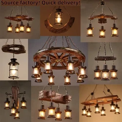 American Retro Industrial Style Chandelier Glass Solid Wood Iron Restaurant Bar Coffee Shop Boat Wood Decoration Pendent Lamp