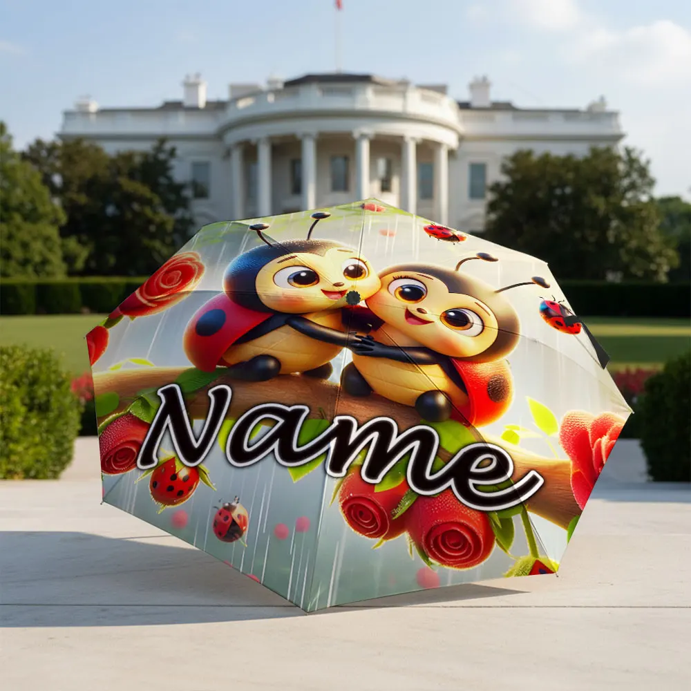 Custom Name umbrella, Ladybug Garden Umbrella for Kids Fashion Folding Umbrella for Sunny and Rainy Days, Christmas Gift