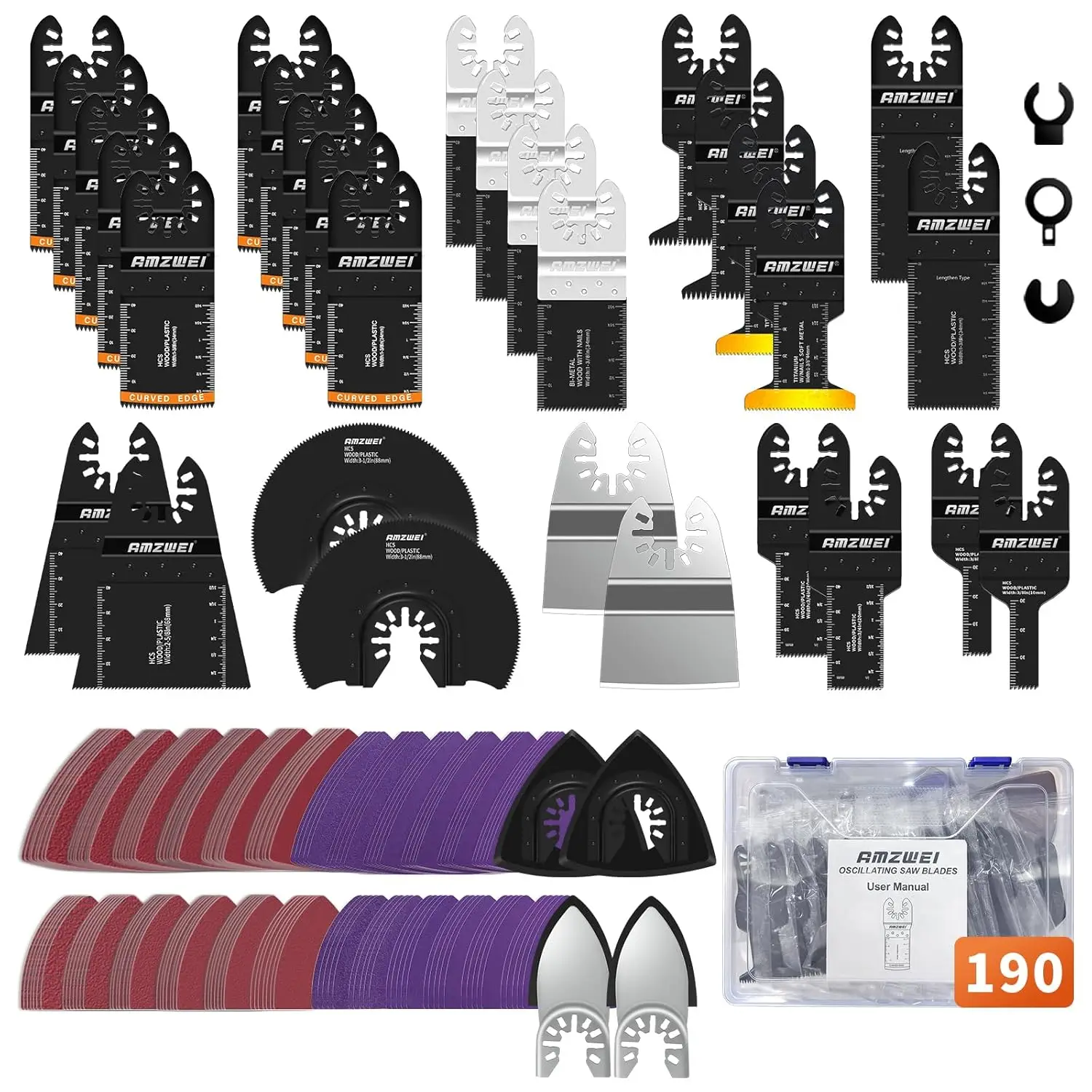 

190 Metal Wood Oscillating Tool Blade Kit with Titanium Blades and Sandpaper, Quick Release Compatible Multi-Tool