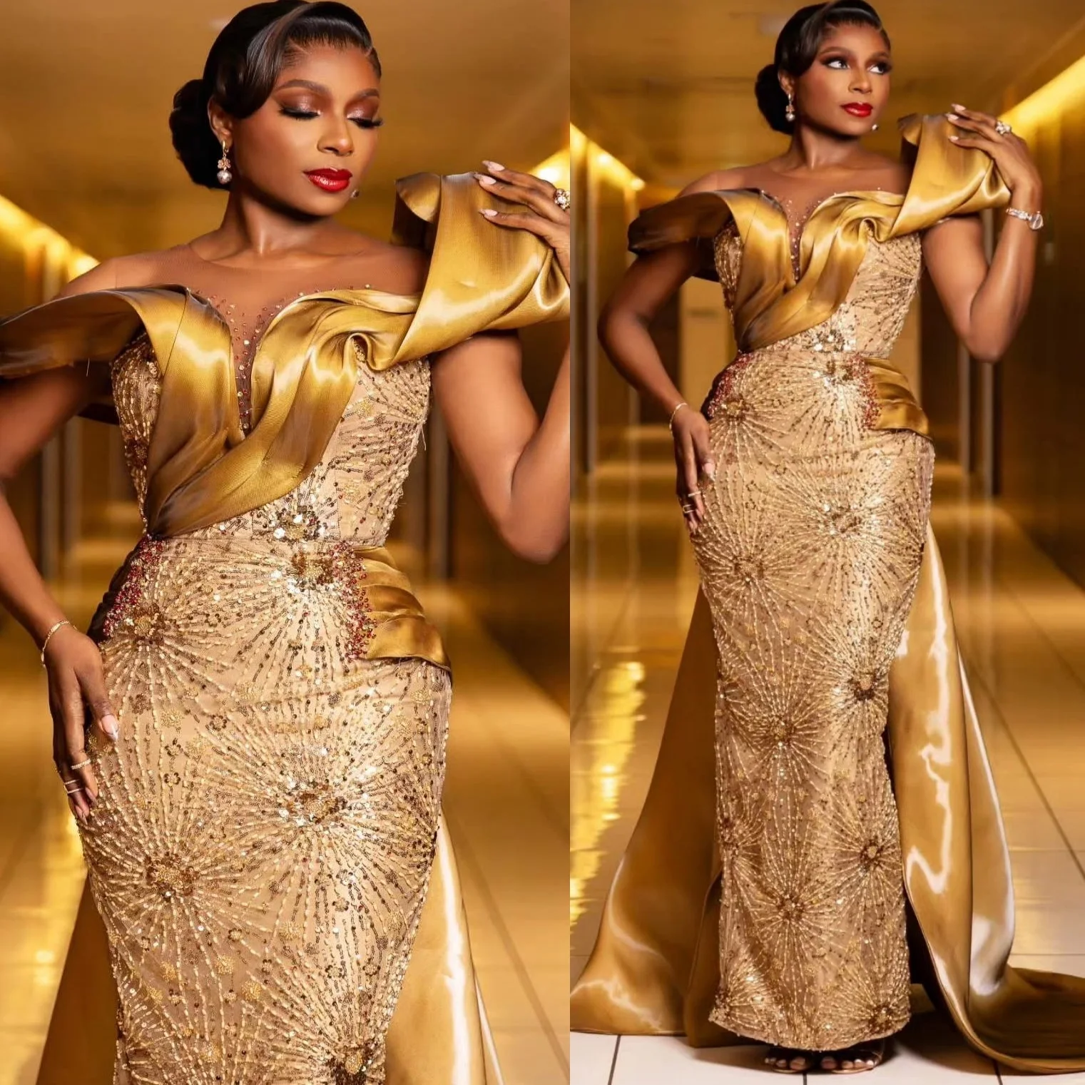 African Gold Straight 2025 Prom Dresses Beaded Crystals Sequined Sparkly Evening Formal Party Birthday Gowns Dresses ZJ1784