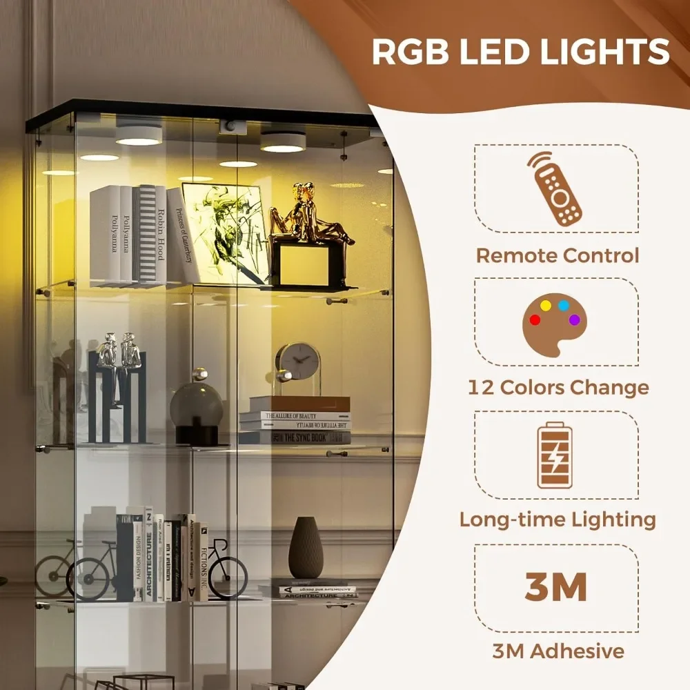 5-Shelf Glass Display Cabinet with Double Doors, Curio Display Case w/2 12-Color LED Lights & Remote, Tempered Glass Collection