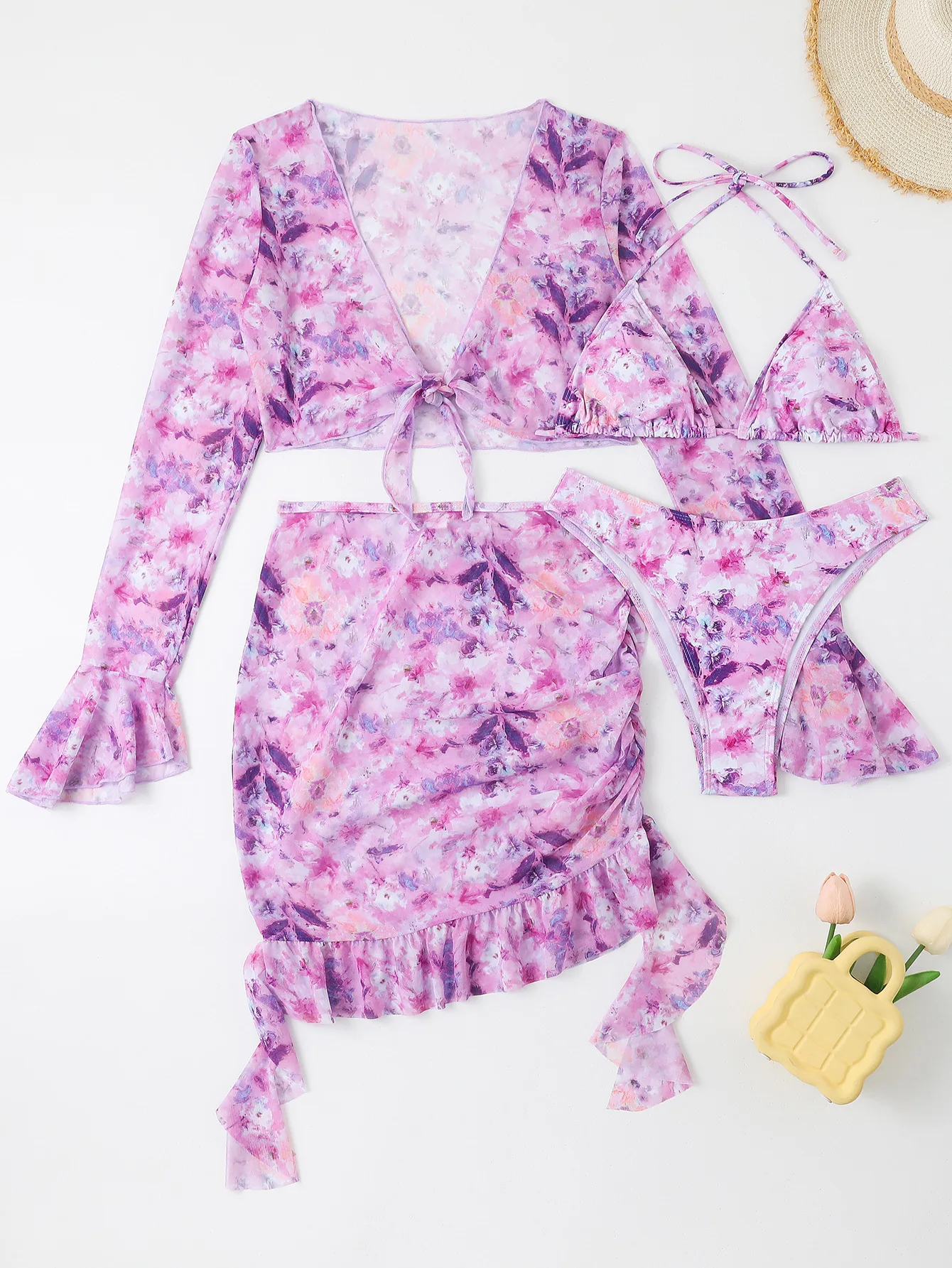 4-teiliges Bikini-Set für Damen, orangefarbener Blumendruck, lange Ärmel, Netzstoff, vertuscht, Rüschenrock, Badeanzug, 2022, sexy Badeanzug, Bademode
