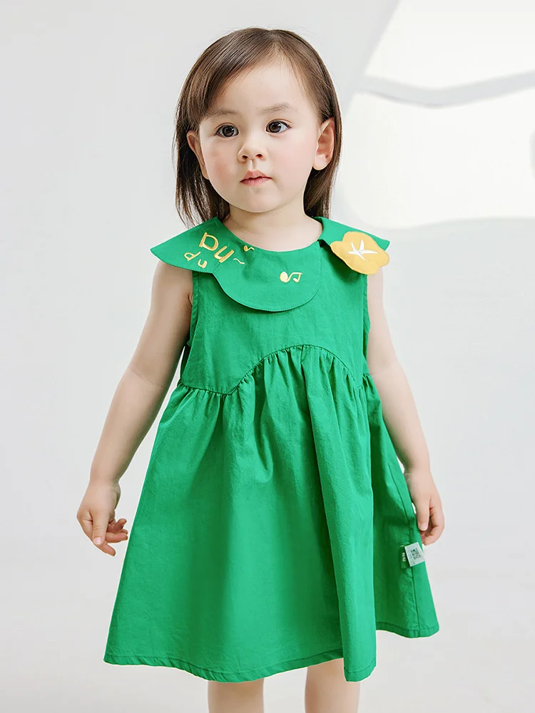 Baby Girl Summer Green Dresses 100% Cotton Sleeveless Princess Birthday Party Clothing 80cm Cute Kids Fashion Vest Dress