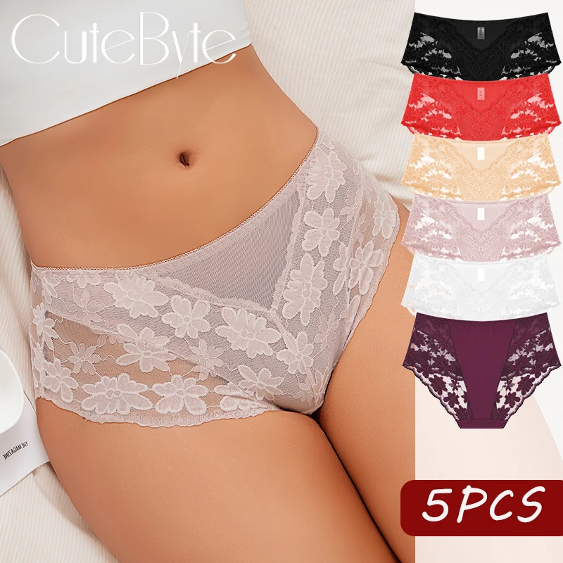 5 قطعة الجوف خارج الأزهار سراويل داخلية نسائية من الدانتيل مثير منخفضة الخصر منظور المرأة ملخصات بلون لينة تنفس السيدات الملابس الداخلية S-XXL #1