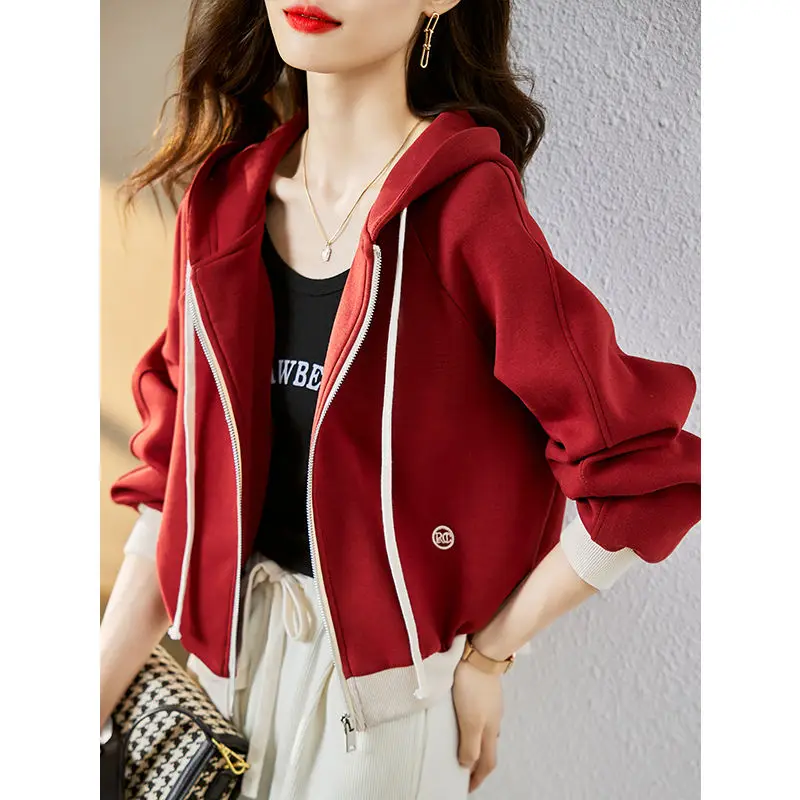 2023 Spring and Autumn Casual Red Short Hoodie Loose Hooded Cardigan Baseball Jacket Small Long Sleeved Top for Women