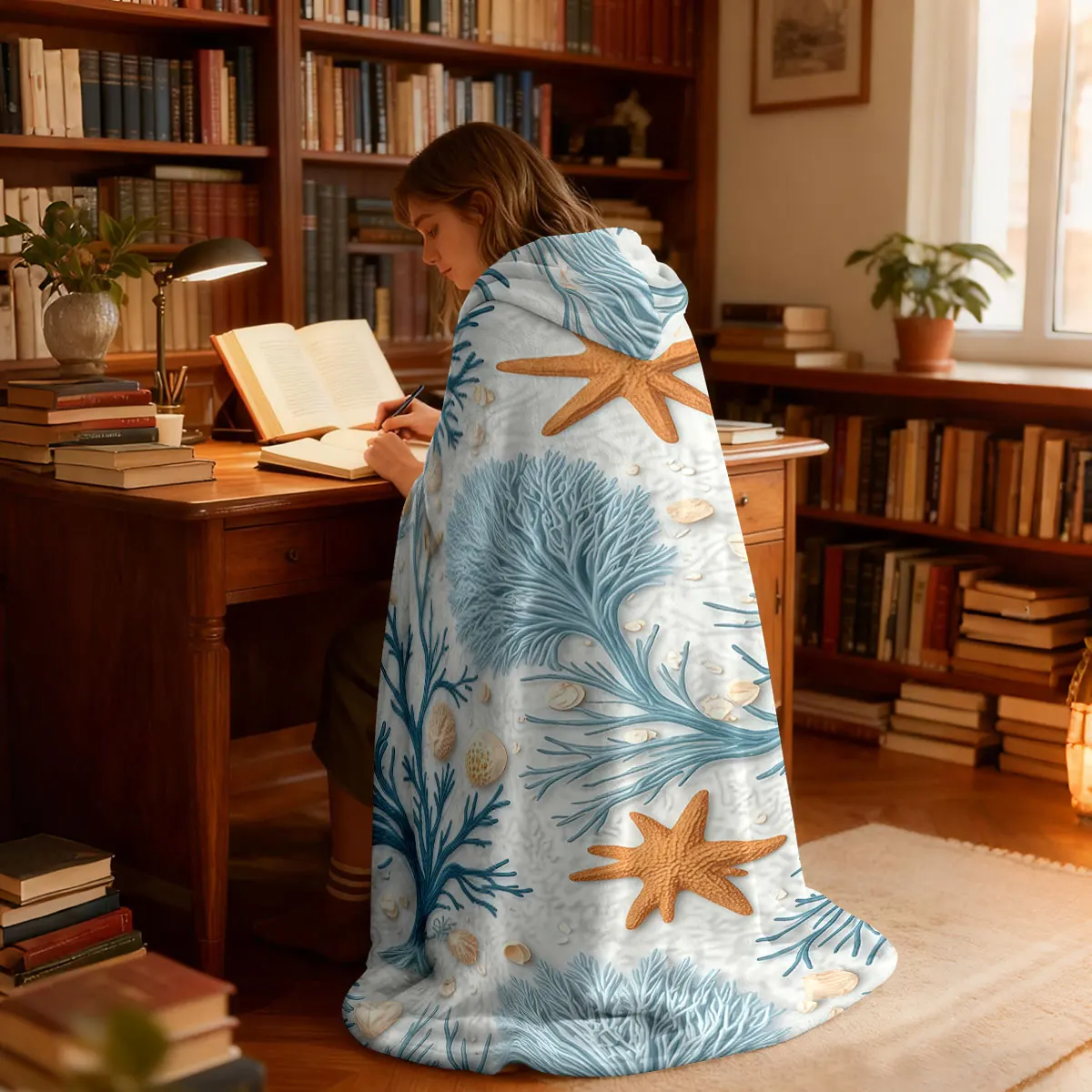 A flannel hoodie with a marine pattern featuring blue coral orange starfish shells blanket multiple sizes view 2