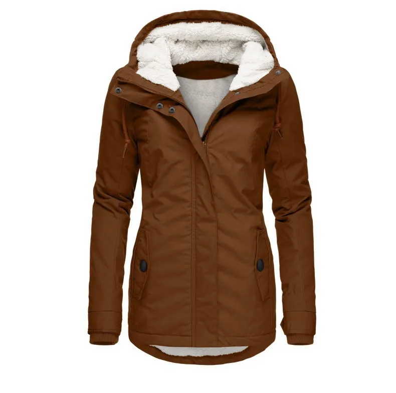 Winter Women's Fleece-Lined Jacket Coat Solid Color Zipper Long Sleeve Outerwear with Pockets for Autumn-Winter Season