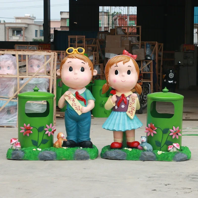 Outdoor cartoon boys and girls trash can ornaments, fiberglass doll character sculptures, flower garden