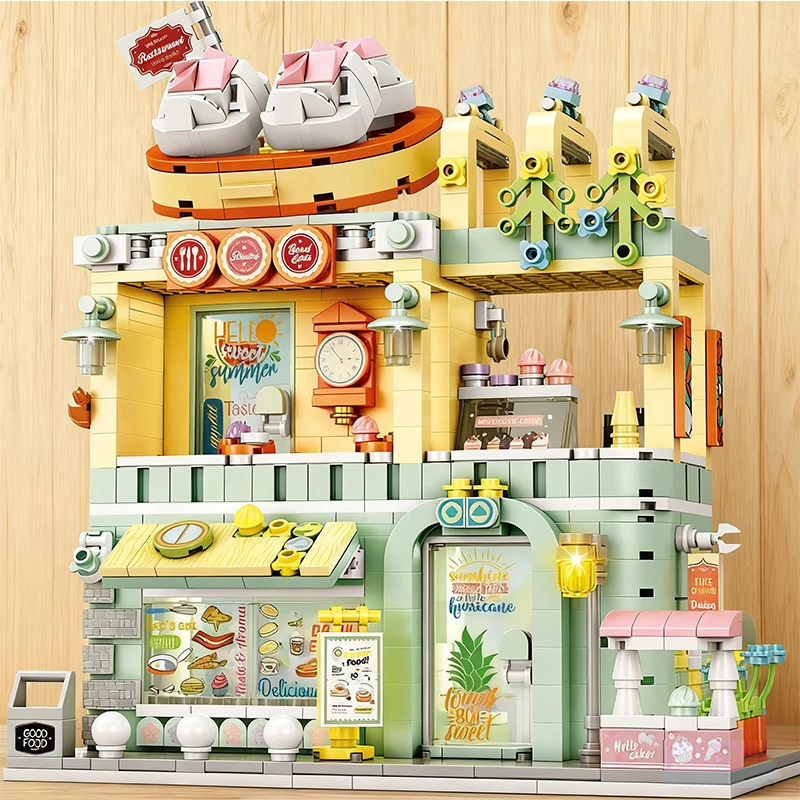 Bloques de construcción de arquitectura urbana, cafetería, vista a la calle, casa de comida, tienda, modelo creativo DIY, juguete para niños, regalo de cumpleaños y Navidad
