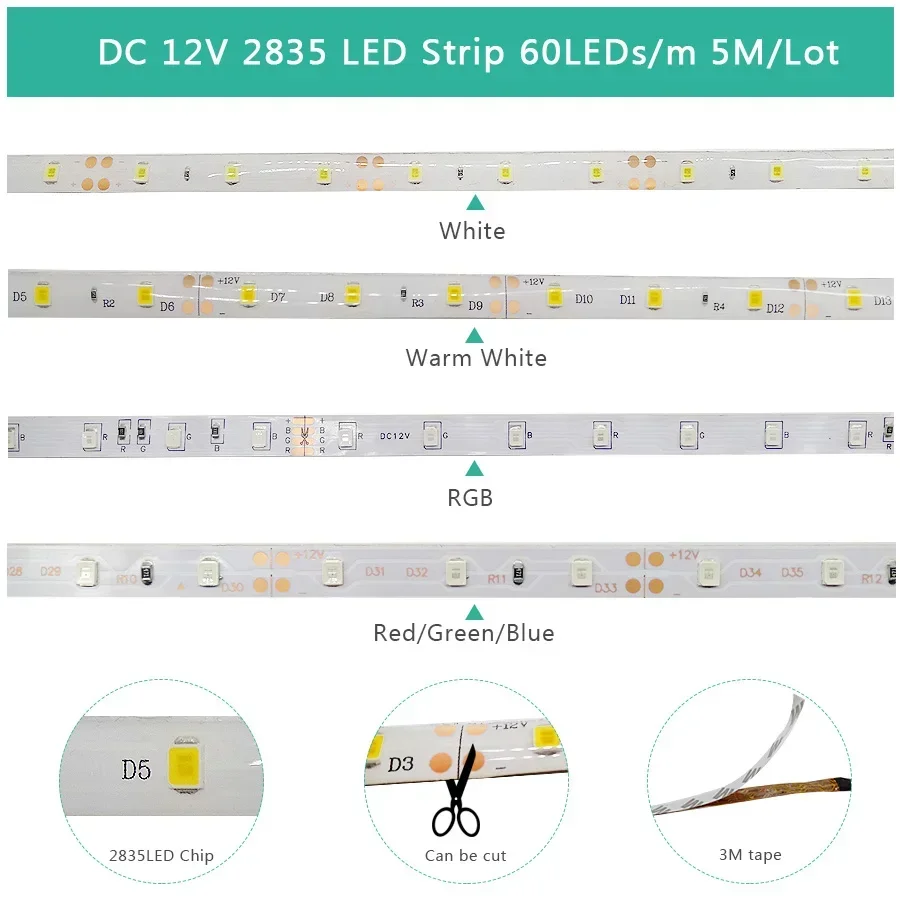 Bande lumineuse Led blanche 12V, étanche, 5M, 2835, ruban adhésif, lampe à glace, 60 diodes/M, bleu, rouge, vert, jaune, Diode chaude