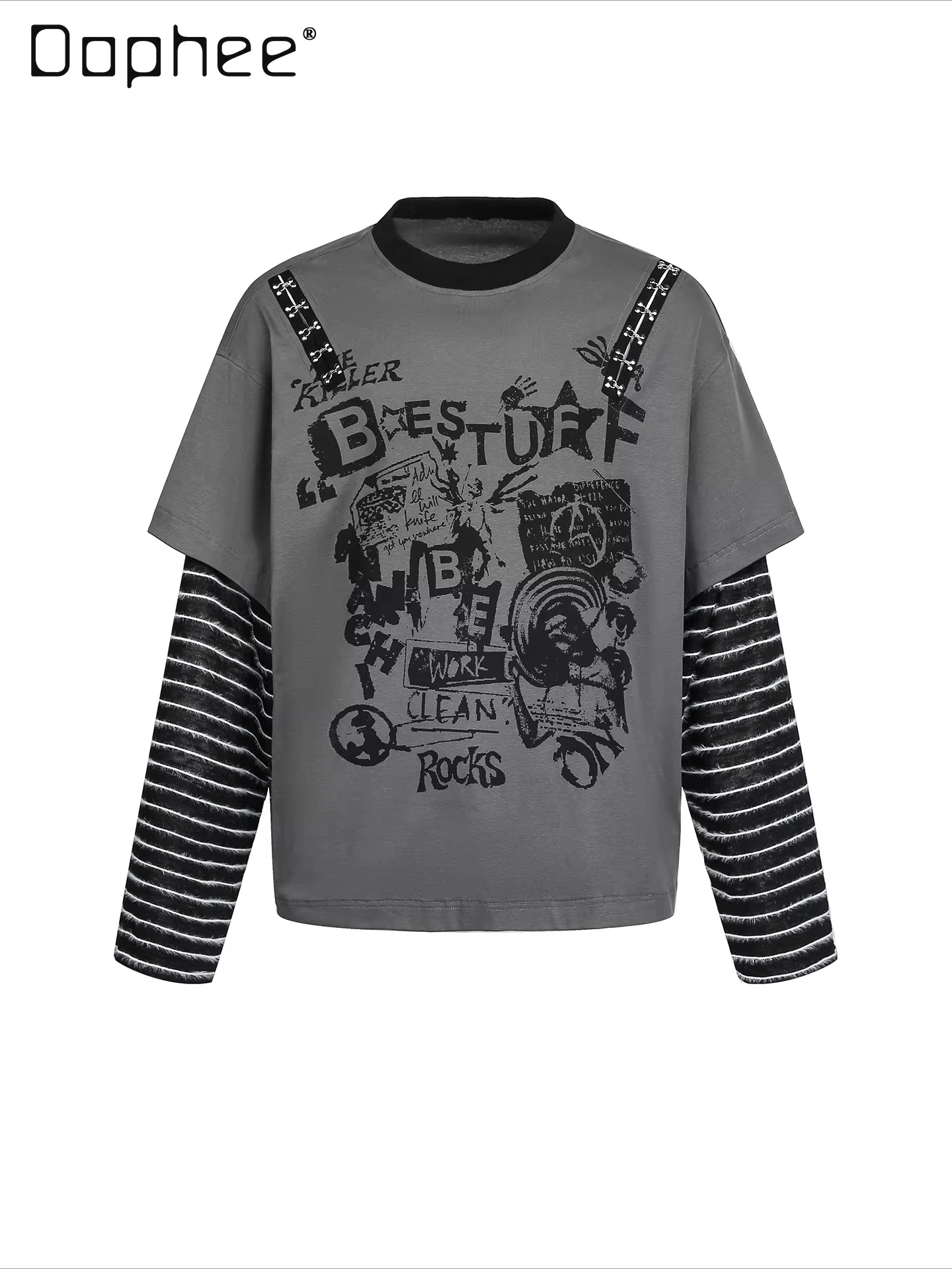 

Spring and Autumn New American Retro Rock Street Style Men's Letter Print Striped Faux Two-Piece Patchwork Long Sleeve T-Shirt