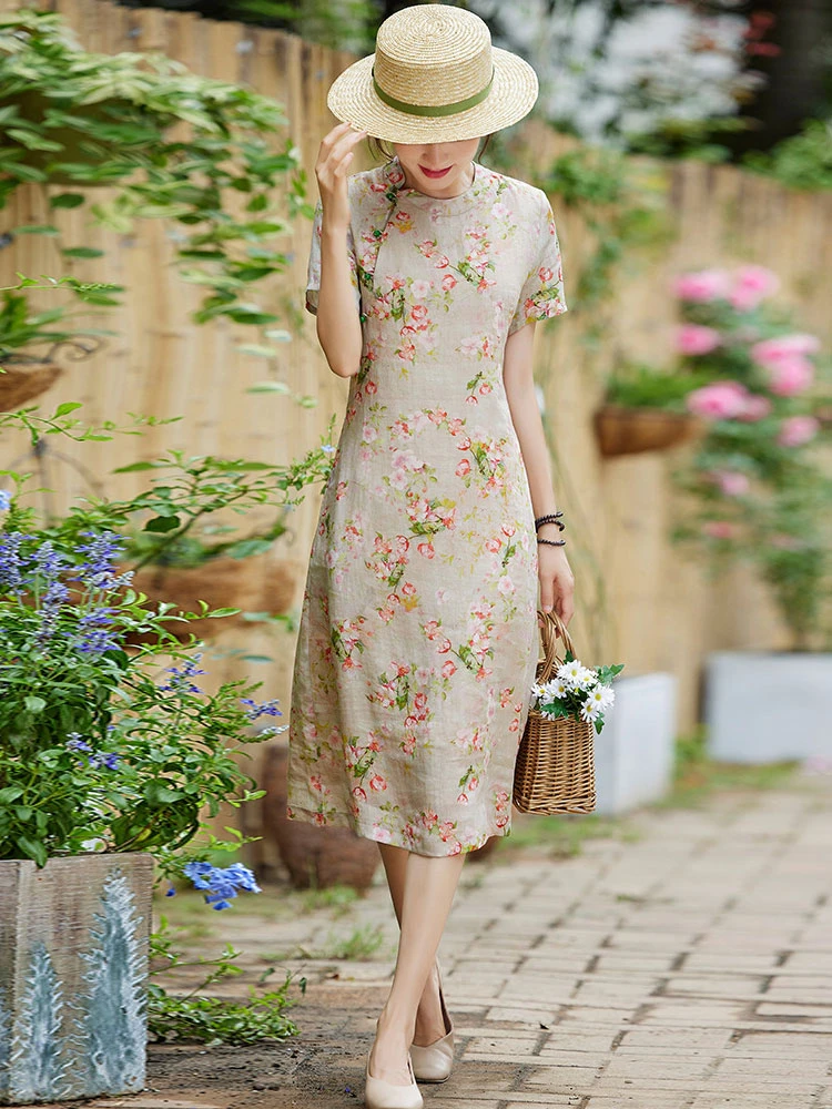 

Chinese Style 100% Ramie Improved Cheongsam Female 2025 Spring/Summer Fashion Printed Round Collar Retro Women Dress T309