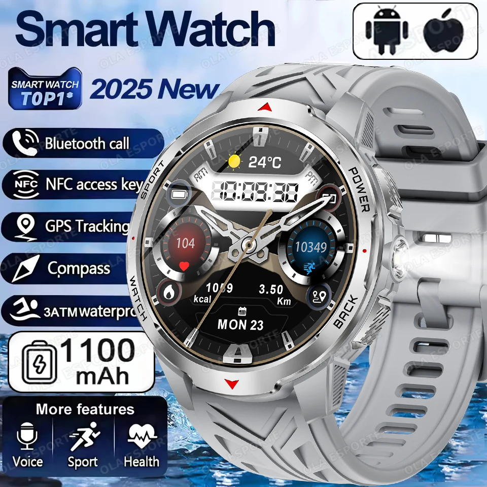 

2025 1100mAh Battery LED Flashlight Smart Watch Compass GPS Bluetooth Call Health Monitoring 3ATM Waterproof Sports Smartwatches