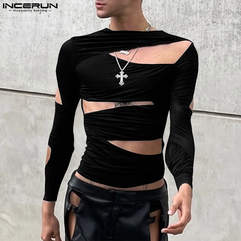 INCERUN Handsome Men\'s Tops Stylish Hollow Out Deconstruction T-shirt Sexy Male Party All-match Long Sleeved Camiseta S-5XL 2025