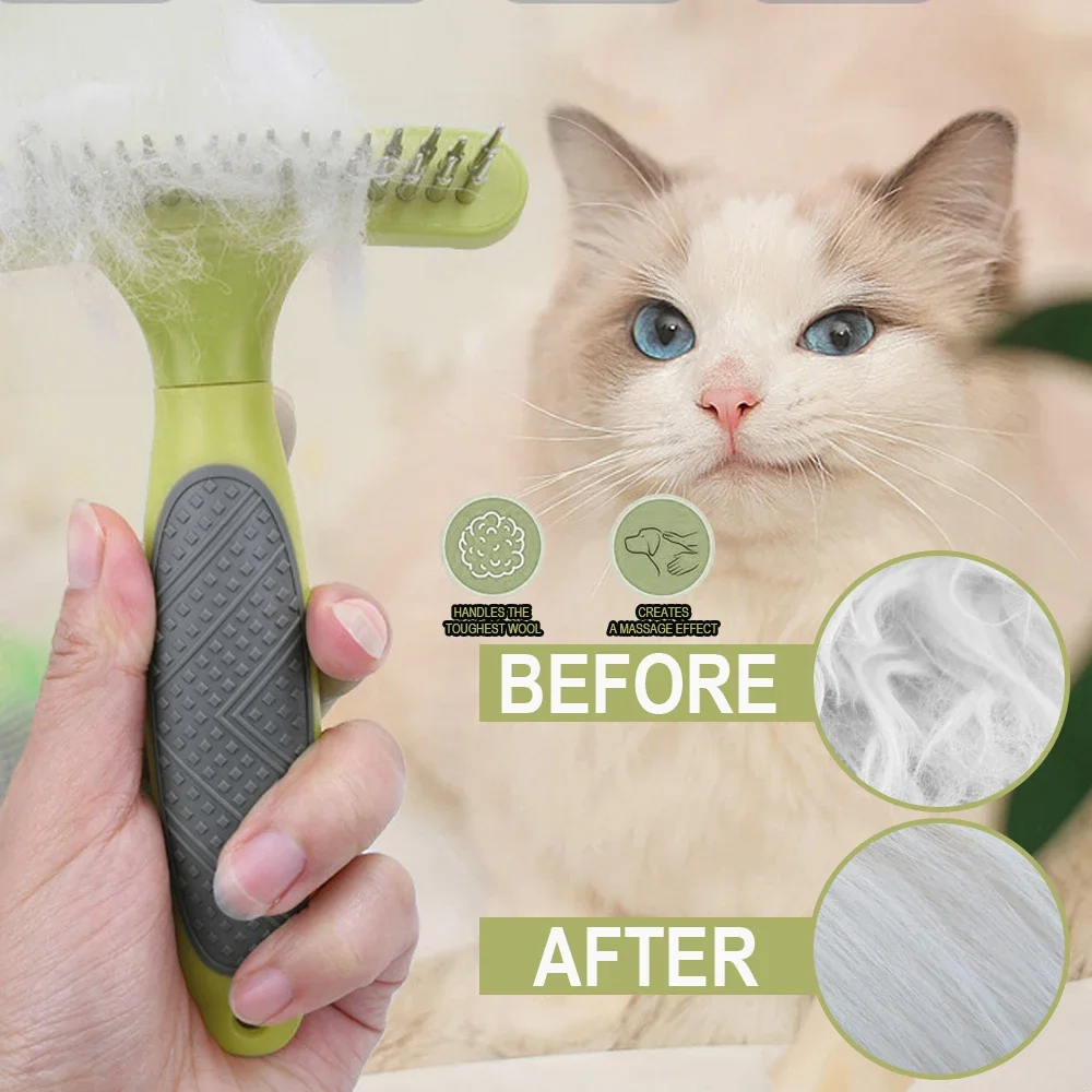 Double Row Dog Rake Deshedding Dematting Brush Comb Undercoat Rake for Cats Dogs, matted, Short Long Hair Brush for Shedding