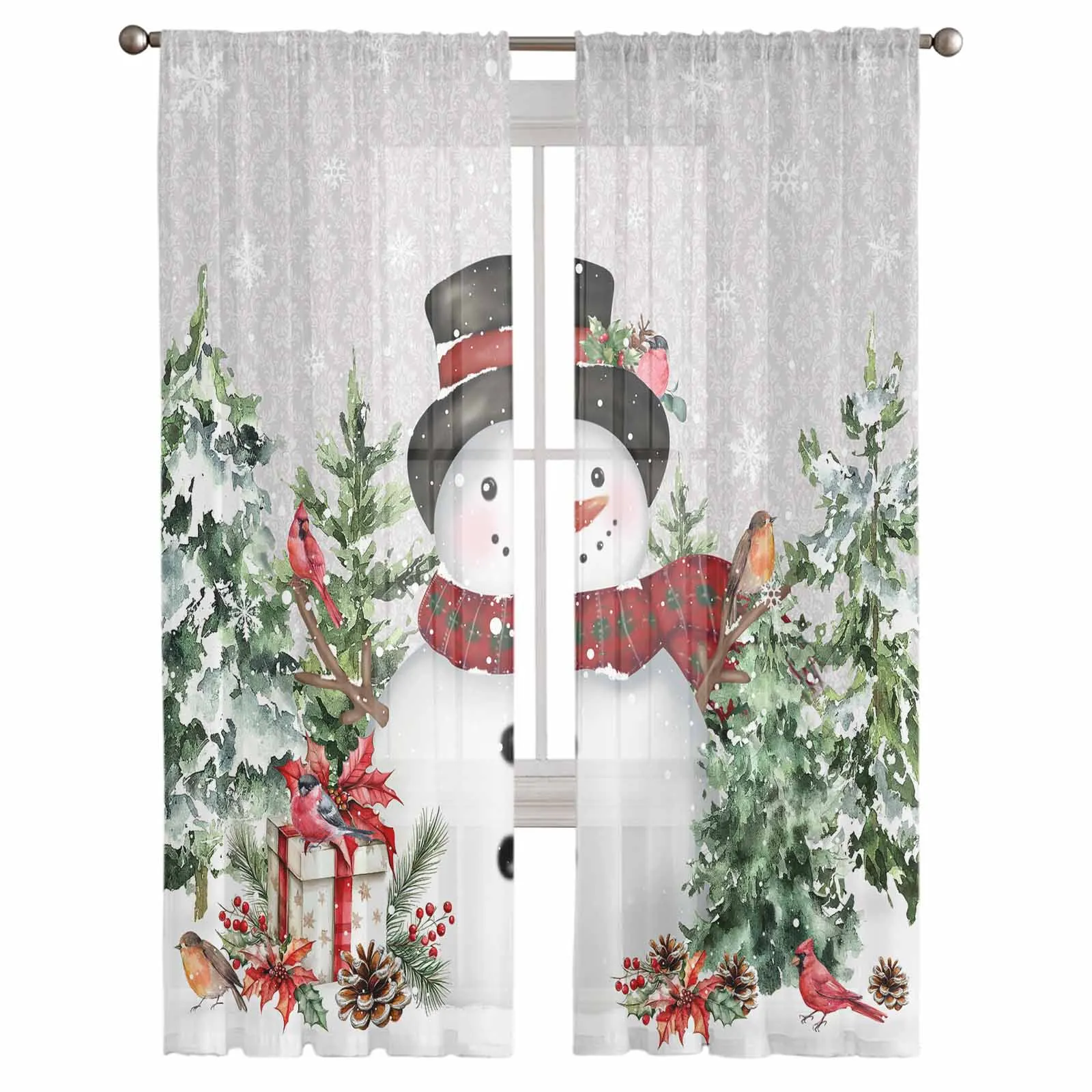 Christmas Snow Robin Snowman Window Tulle Curtains for Living Room Kitchen Christmas Home Decor Sheer Voile Curtains