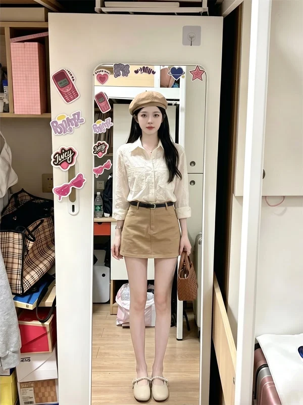 

Casual Embroidered Shirt And High Waist Skirt Set Women's Holiday Fashionable Two-Piece Suit Loose Fit Collar Sun Protec...