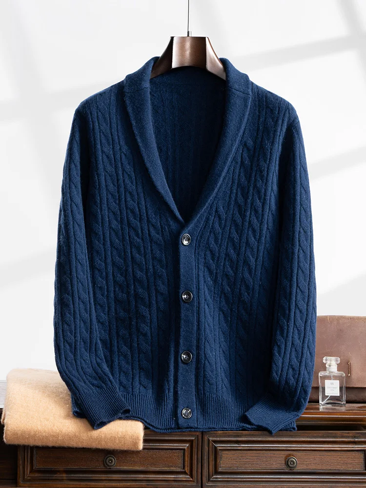 New 100% Goat Cashmere Sweater Men's Green Fruit Neck Knitted Cardigan Business Casual Shirt Coat Autumn Winter Thickened Warm