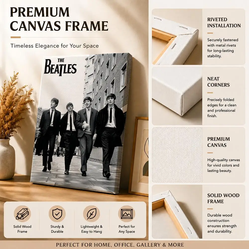 Vintage Music Band B-The Beatles Framed Wall Painting Canvas Art Poster with Solid Wood Frame for Living Room Home Decor