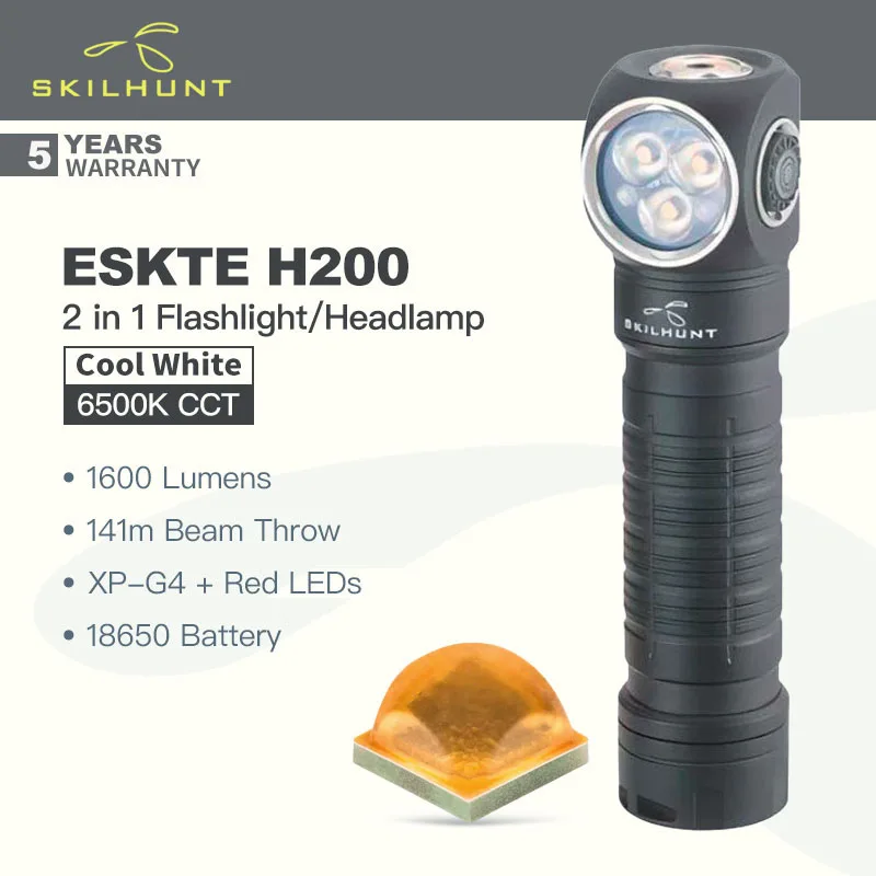 

Skilhunt ESKTE H200 (Cool White Version, 6500K) 2 in 1 Headlamp/Flashlight, 1600 Lumens Multi-light Sources with Red Light,18650