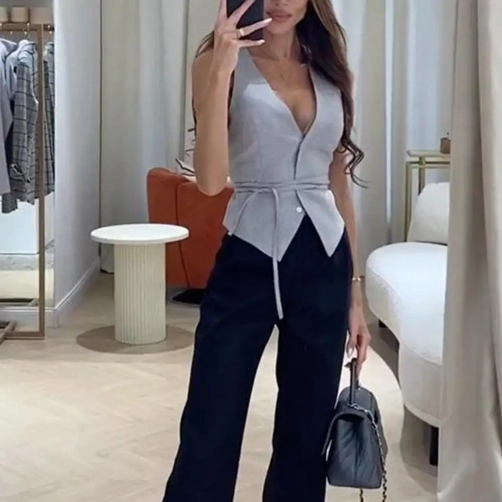 

Women Spring Summer Waistcoat Deep V-neck Sleeveless Casual Vest Lace-up Slim Fit Solid Color Cropped Waistcoat White Chic Vests