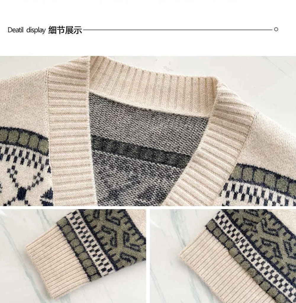 Autumn Women's New Elk V-neck Single-breasted Cardigan Sweater, Spring Loose-knit Cardigan Jacket Female Ethnic Style Cardigan