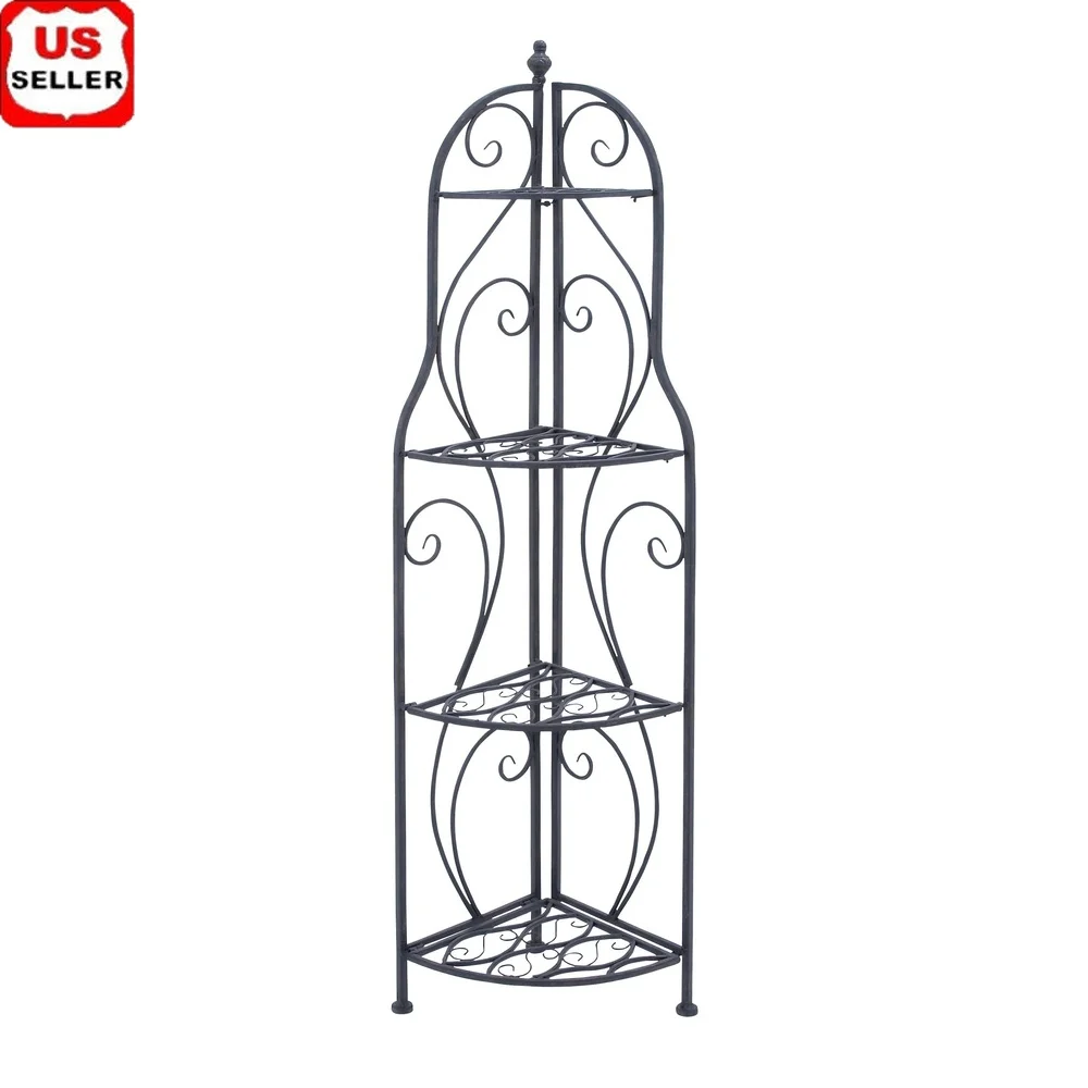 

Black Metal Scroll Bakers Rack 4 Tiered Shelves Indoor Outdoor Storage Display Shelf 17L x 11W x 60H Inch Fully Assembled