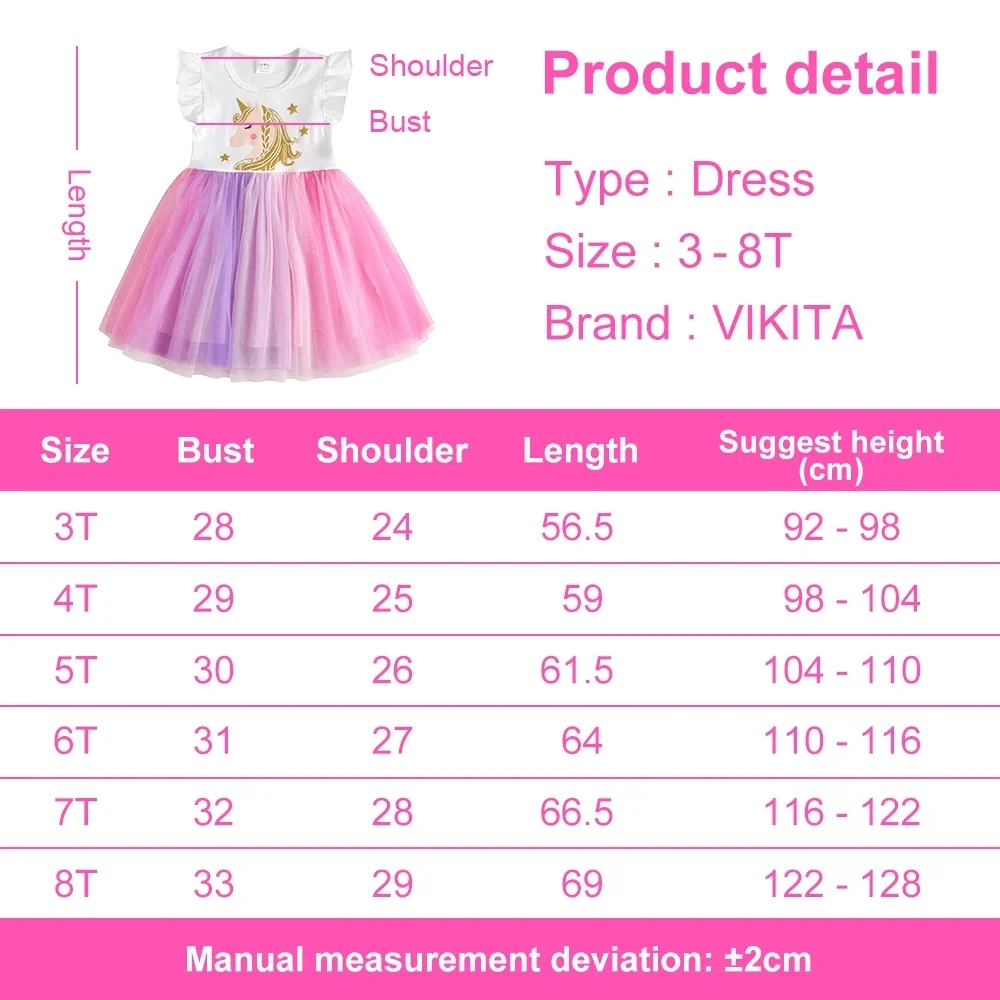 VIKITA Girls Flare Sleeve Summer Vestidos Girls Unicorn Print Cartoon Patchwork Dress Girl Party Princess Cute Mesh Tulle Dress