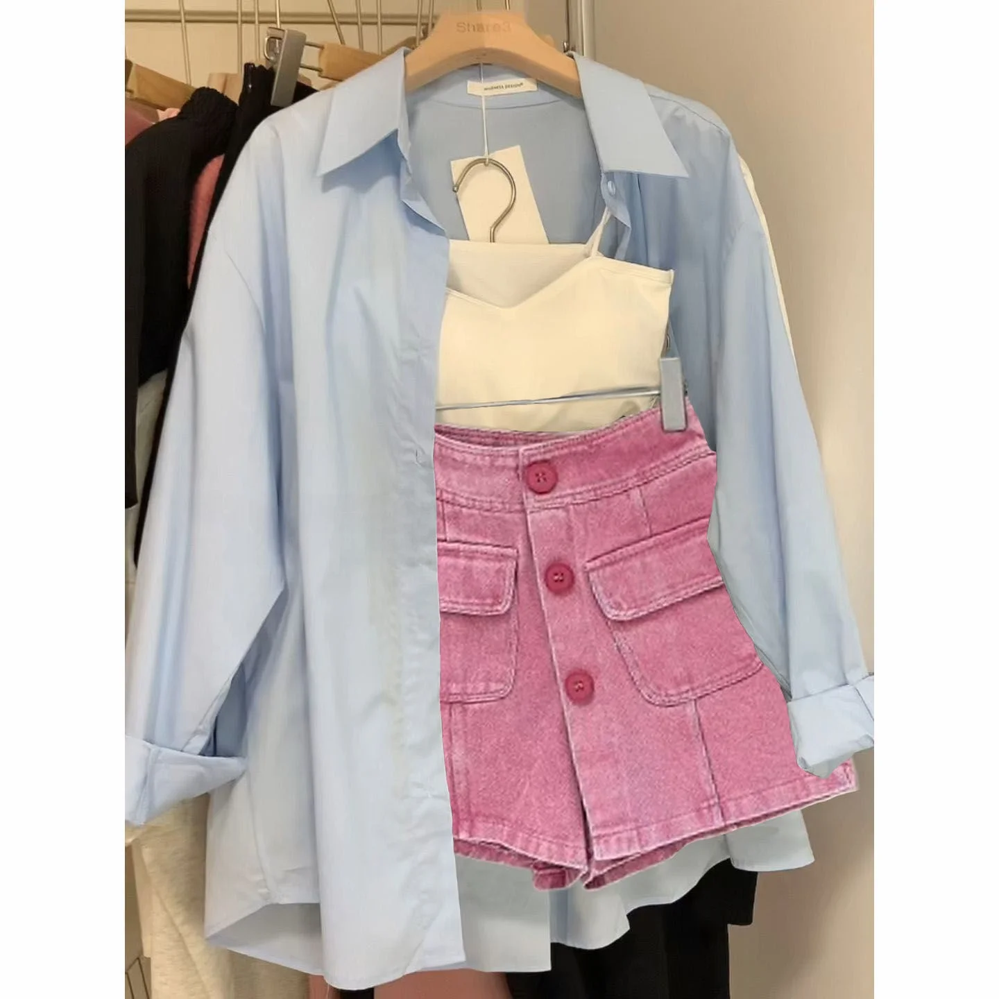 

Модный повседневный осенний комплект: джинсовая юбка с высокой талией, блузка и брюки, комплект из трех предметов, стильный образ для женщин 8-25 лет