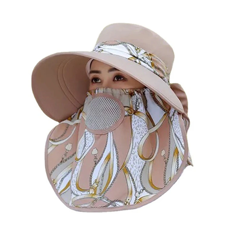 Summer Women Outdoor Print Fisherman Hat UV Protection Wide Brim Garden Work Shade Hat Breathable Face Mask Detachable Sunhat