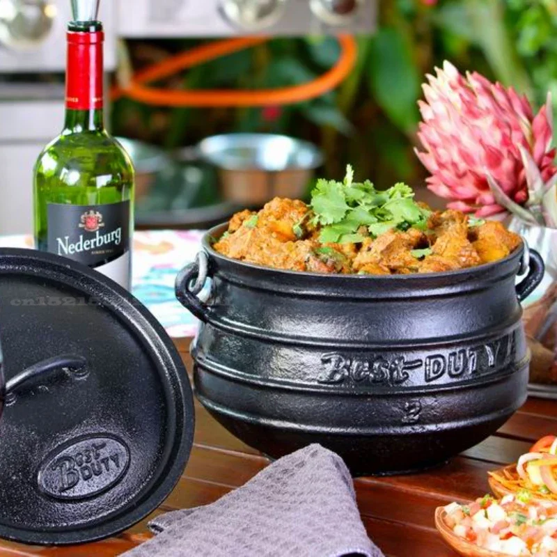 Old Style Cast Iron Cauldron Pot, Camping Stewpan with Frying Pan Lid, Outdoor Cookware, Hanging Pot with Three Legs