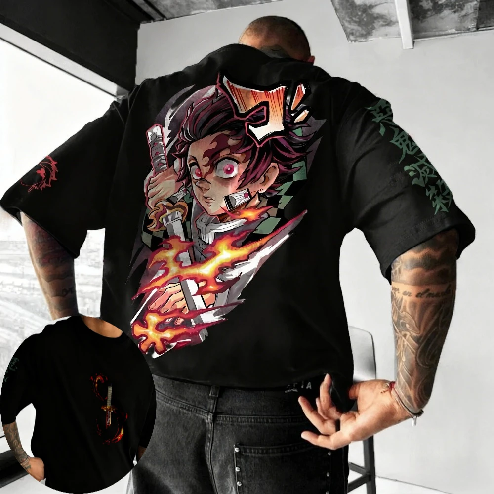 

Demon Slayer Men's T-shirt Tanjirou Kamado Summer Japanese Anime Tee Spring and Autumn Boy Short-sleeved Brand Parent-child Wear