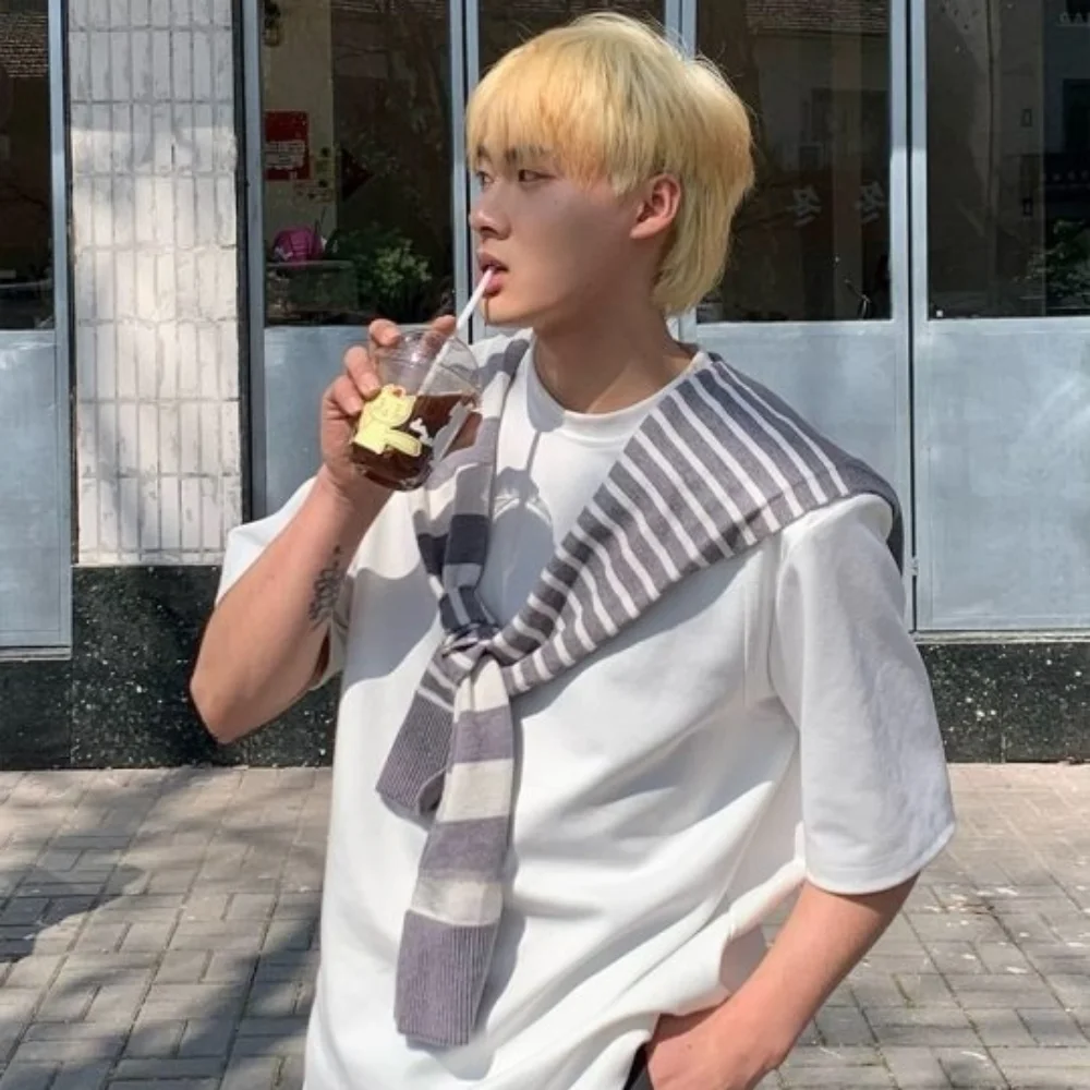

Simple Sunscreen Men Knitted Shawl Wraps Korean Style Asymmetry Stripe Scarf Cloak Knotted Fake Collar Wraps Blouse