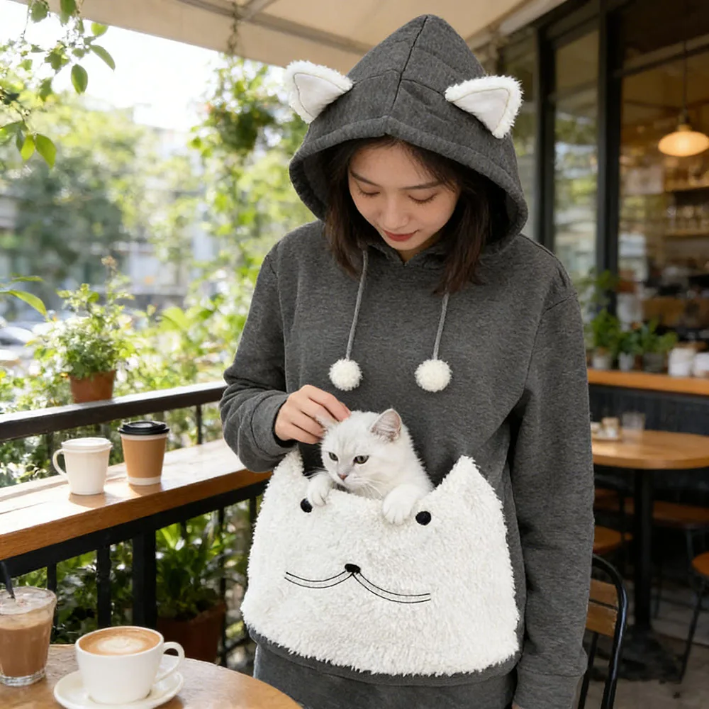 Winter Unisex Streetwear Hoodie Thick Fleece Warm Breathable Pullover With Animal Pouch Pocket For Carrying Small Dog Cat Men