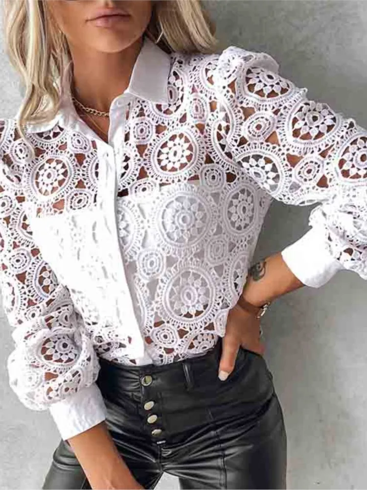 White Lace Patchwork Shirt Blouse Women Spring Summer Unlined Long Sleeve Shirts For Women 2024 Fashion Hollow Out Vintage Tops