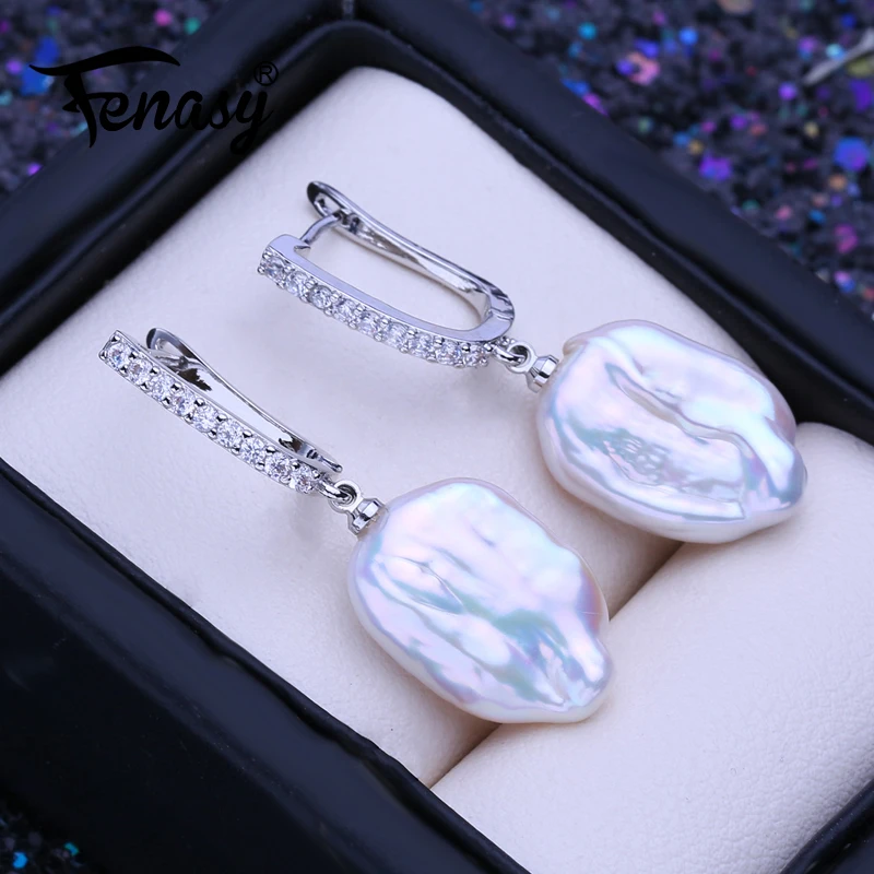 FENASY 925 Sterling Silver Jewelry 12-16mm Natural Freshwater Large Baroque Pearl Drop Earrings Fashion Gifts For Women