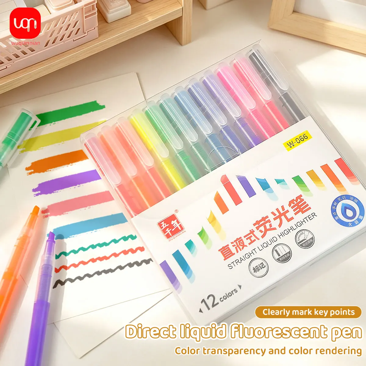 WQN-12 Colors Double-Ended Highlighter Set, Straight Liquid High Capacity Dual Tip Marker Pen for Note Taking&Study