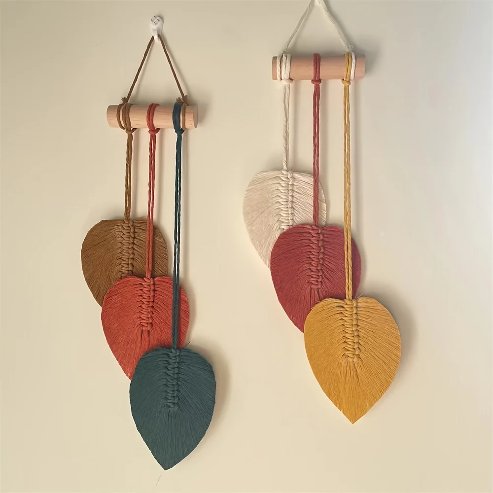 Boho Colorful Leaf Macrame Wall Hanging Handwoven Cotton Rope Tapestry with Wooden Rod for Bohemian Leaf Wall Art Ornament Gift