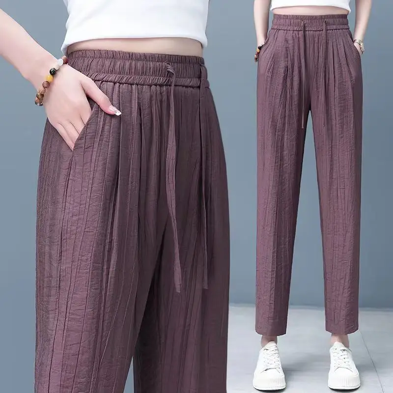 

Women's 2024 Summer Thin Commute Solid Elastic High Waist Drawstring Ruched Pockets Straight Loose Versatile Harlan Casual Pants