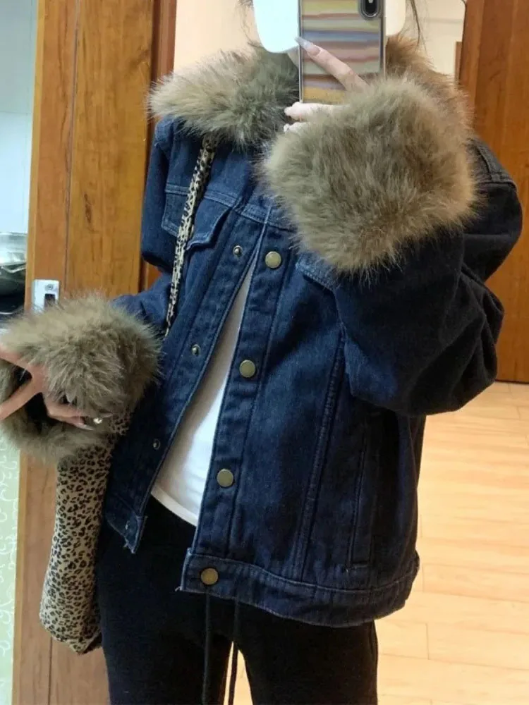 

Casual Spice Girls Vintage Fashion Coat Fur Collar Patchwork Denim Women Clothing All-match Short Trendy High Street Tops