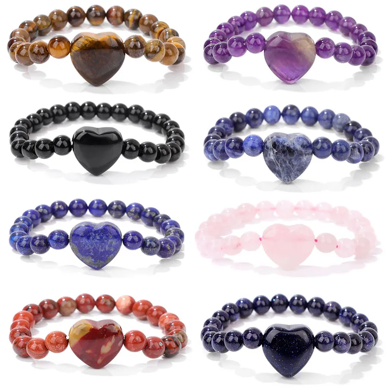 8mm Natural Stone Stretch Bracelet Love Heart Tiger Eye Amethysts Quartz Beads Bracelets for Women Men Lovers Jewelry Gift