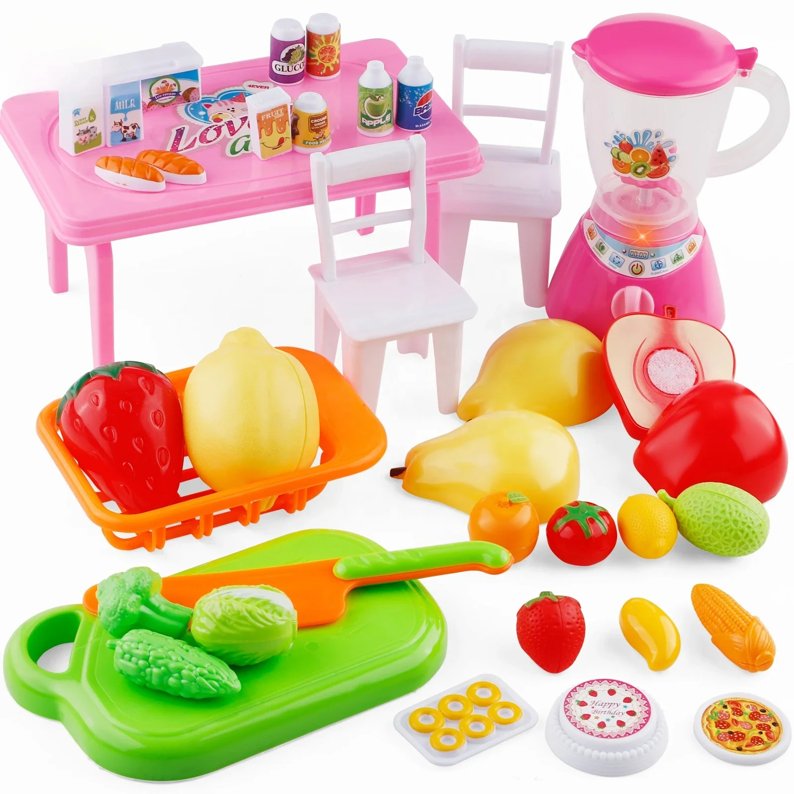 Cutting Food Toys, 34PCS  Cutting Play Food Toy with Mini Realistic Blender, Pretend Fruit & Vegetables Accessories