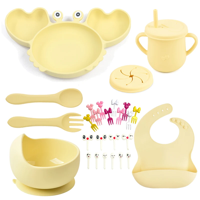 6PCS/Set Baby Silicone Sucker Drinkware Dishes Plate Tableware Kids Bowl Spoon Fork Bib Feeding Set for Child Stuff Accessories