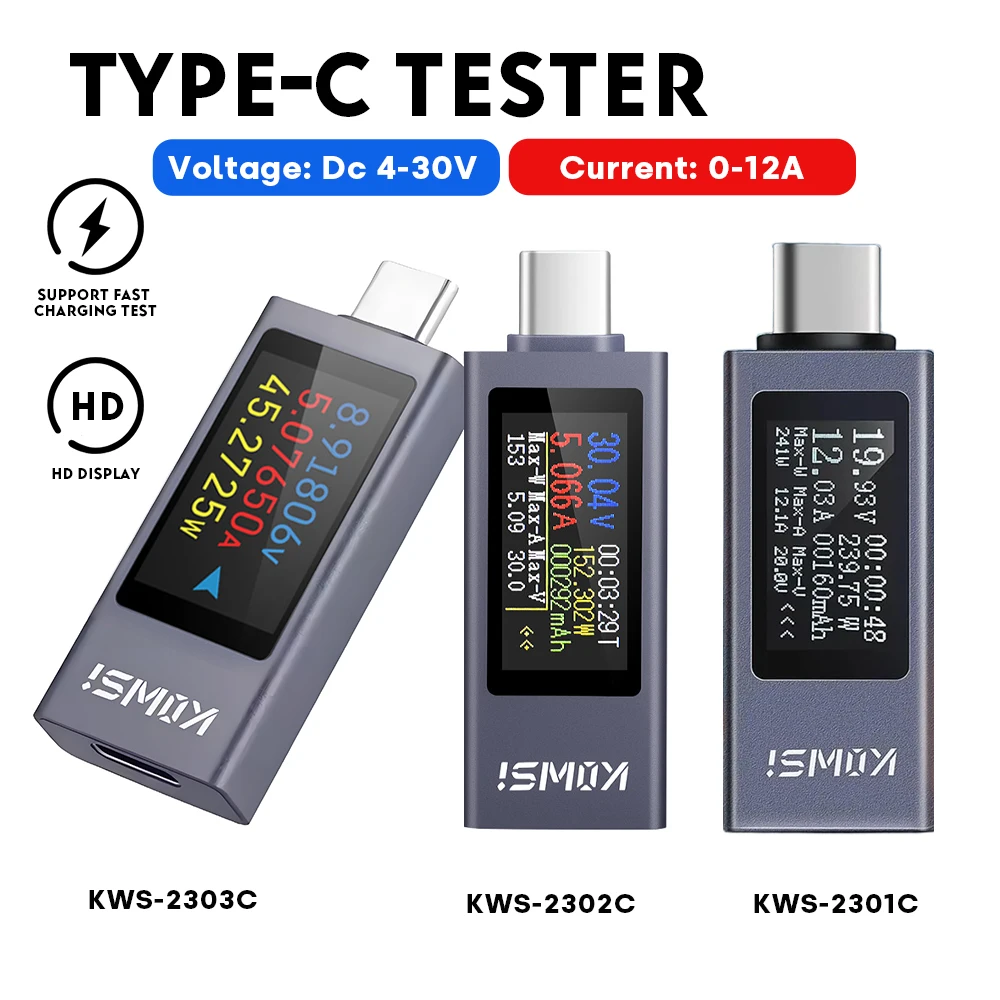 KWS-2303C 2302C 2301C Type-c Multi-function Digital Display DC Voltage Ammeter Power Meter Cell Phone Charging Tester DC 4-30V