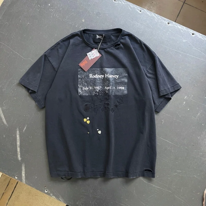 Retro Hole Washed T-shirt Embroidery Figure Print Oversized Tee