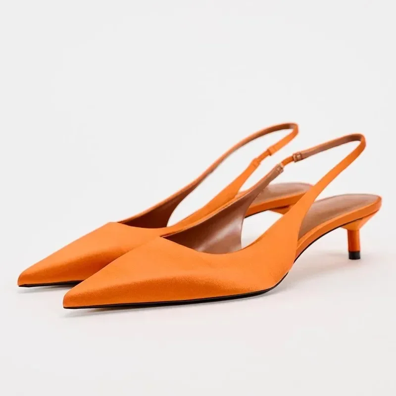 

Summer High Heels Woman Luxury Sandals Fashion Pointed Elegant Office Slingbacks Stiletto Orange Silk Dress Lady Party Shoes