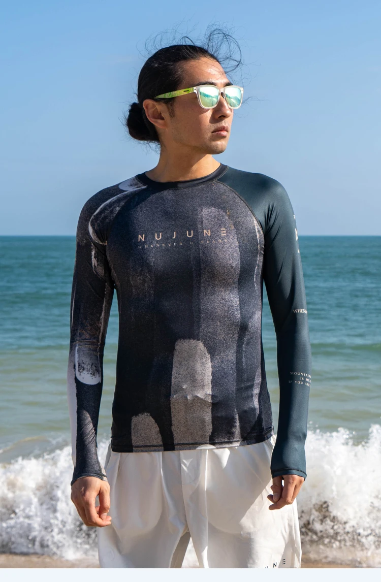 Nu-June Men Rashguard UPF50 Long Sleeve Surf Tops and Shorts Set Swimwear Three Pieces Sweatshirts Pants Beach Diving Suits