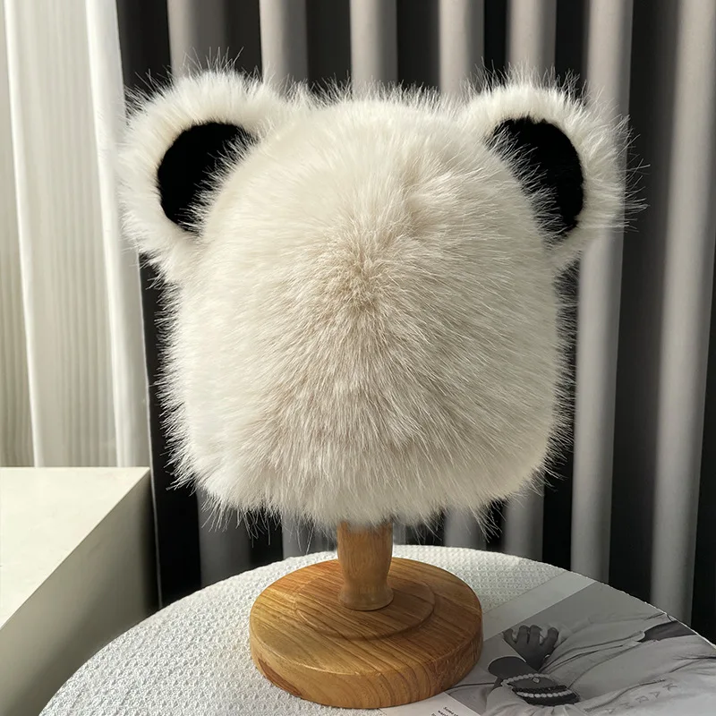 

Faux Fox Fur Cute Bear Hat for Women Winter Sweet Thickened Warm Ear Protection Head Wrap Hat Face Slimming Wind Snow Hat