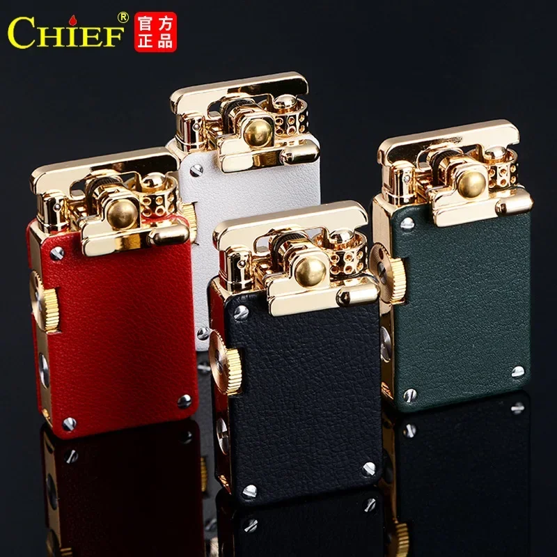 CHIEF Metal Leather Rocker Arm Kerosene Lighter Creative Fire Stone Warehouse Retro Windproof Lighter High end Smoking Gadgets