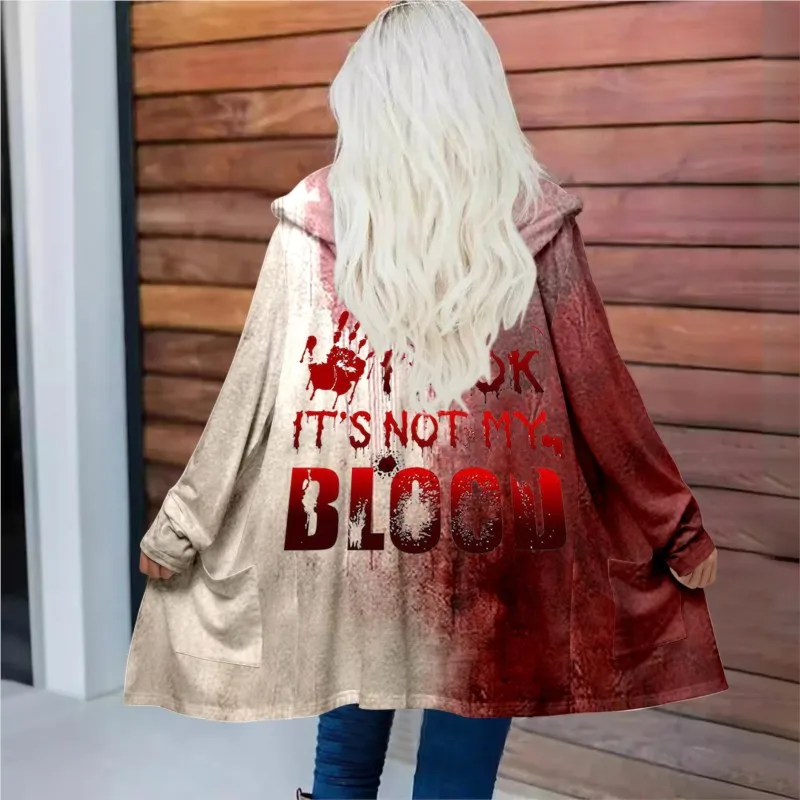 2024 Autumn 3D digital printed Halloween casual long sleeved pocket cardigan hooded mid length loose jacket for women